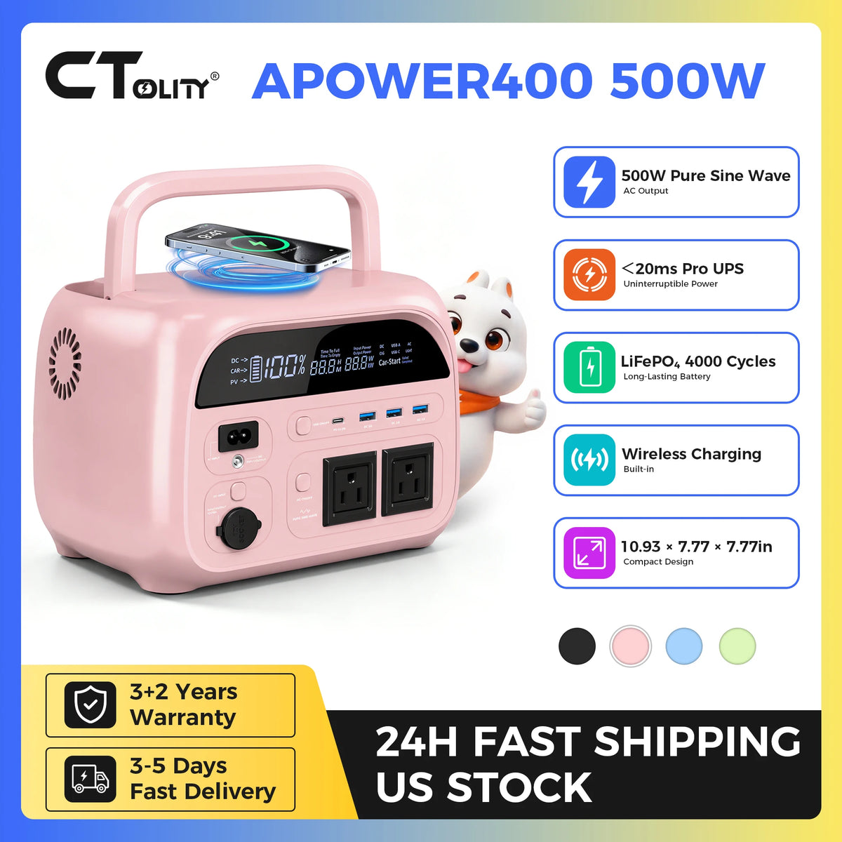 CTOLITY AP200 200W 192Wh Power Bank, AP400 500W Portable Power Station-345.6Wh LiFePo4 Battery AC Charging Station Camping Equipment