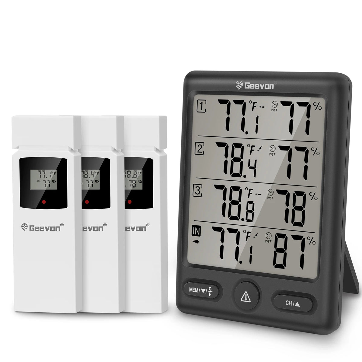 Geevon Wireless Indoor/Outdoor Thermometer with 3 Remote Sensors, Digital Hygrometer, Indoor Thermometer