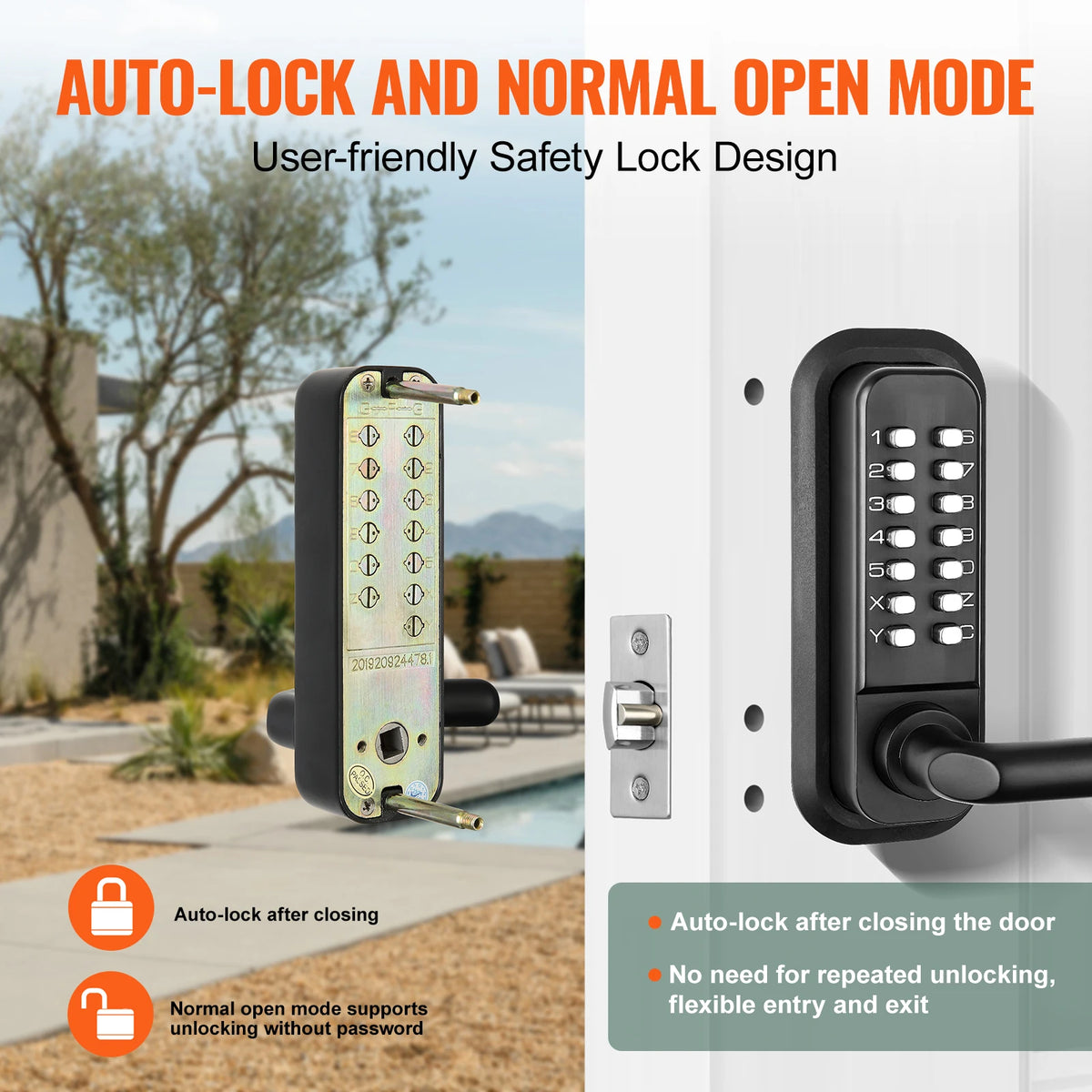SucceBuy Mechanical Keyless Entry Door Lock Single/Double -Sided 14 Digit Keypad and Handle Embedded