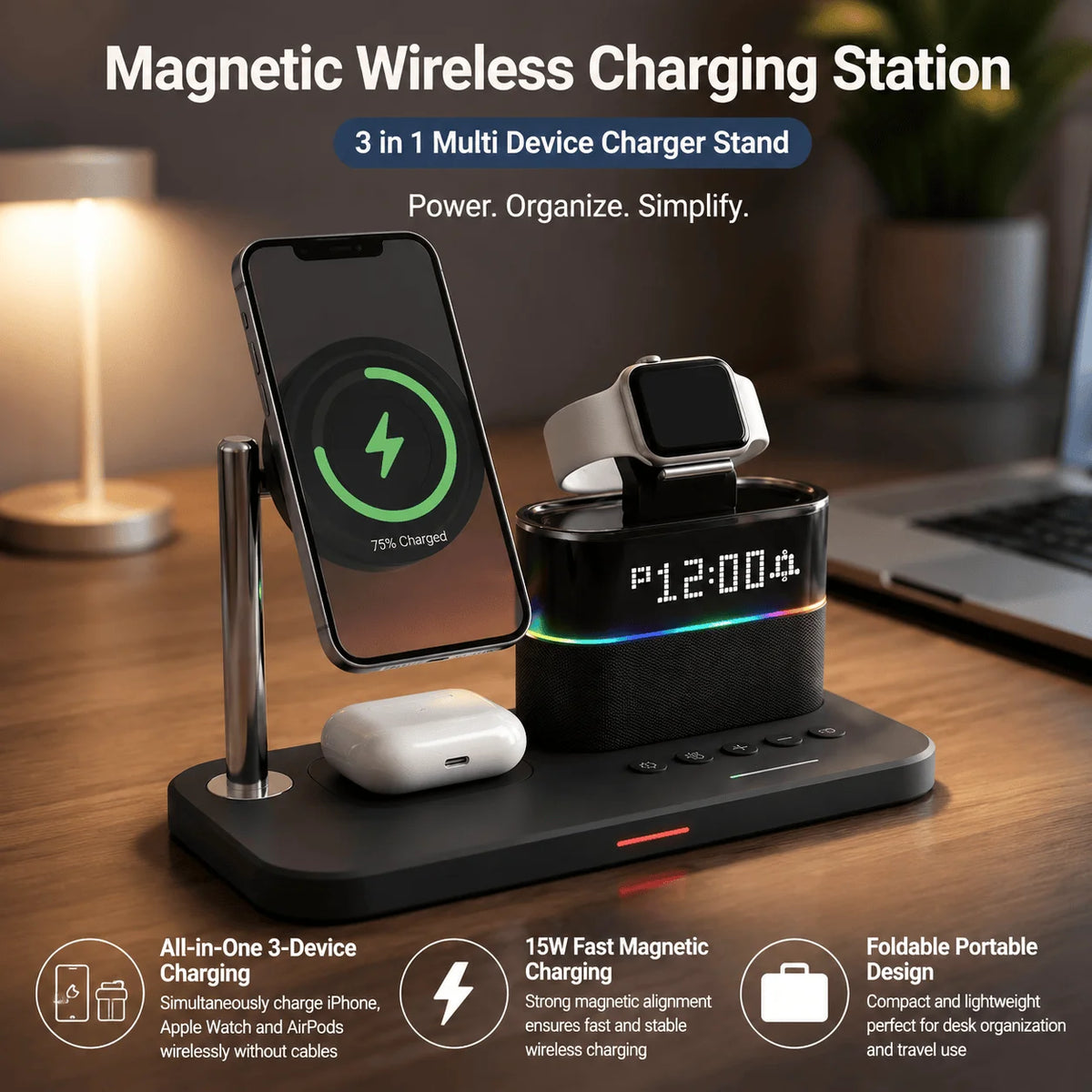 Wireless Charging Station 3 In 1 Magnetic Charger 15W Fast Charging Stand Dock For iPhone 15 14 13 12 Pro Max Mini Apple Watch Series 9 8 7 6 5 4 3 2 SE AirPods Pro 2 With RGB Night Light Alarm Clock Foldable Portable Travel