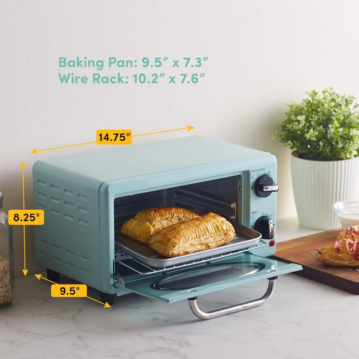 Retro Mint 2-Slice Countertop Toaster Oven with Bake and Toast Functions, Fits 8-Inch Pizza, Temperature Control, Adjustable 60-
