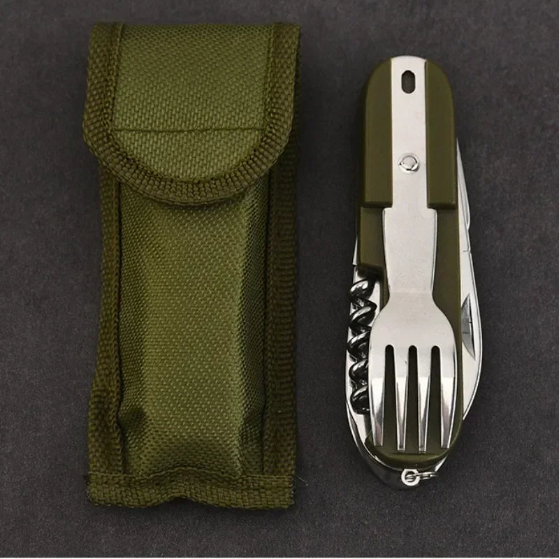 7 in 1 Multifunctional Outdoor Camp Tableware Survival Tools Stainless Steel Foldable Fork Spoon Knife Picnic Camping Dinnerware