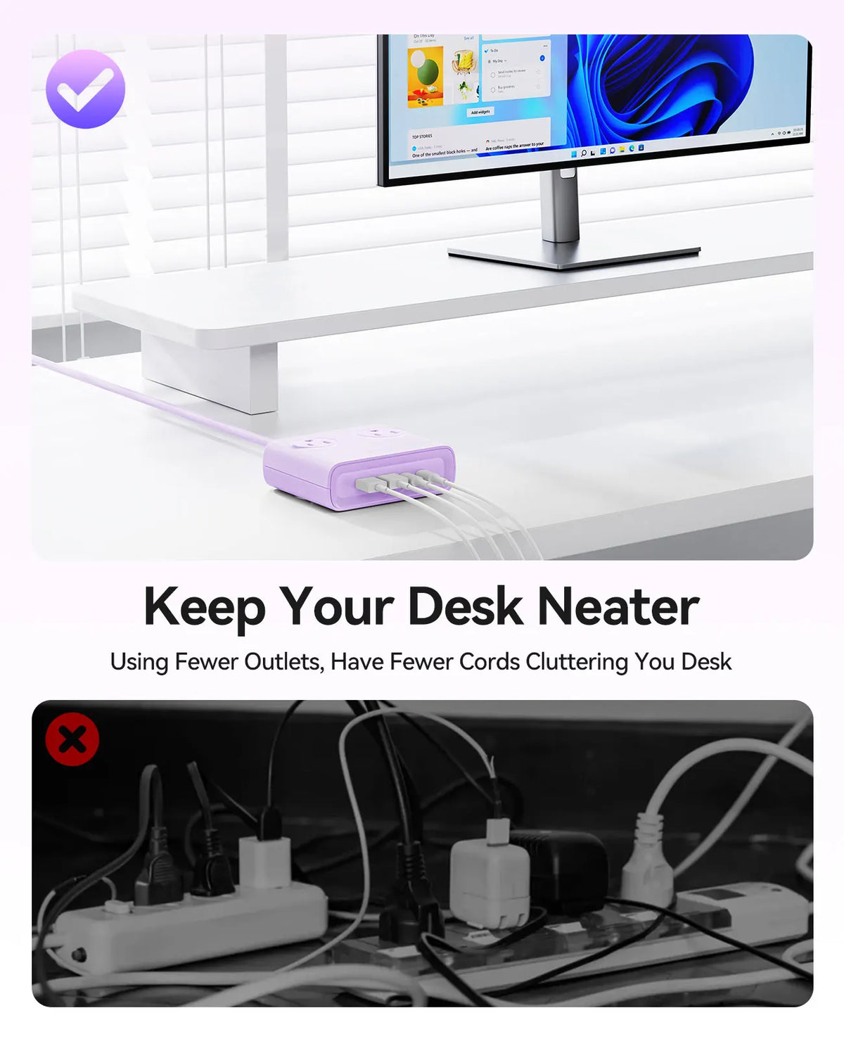 ORICO Power Brick Max 25W GaN Power Strip 8-in-1 Desktop Charging Station with 4 AC Outlets 2 USB-C 2 USB-A 5ft Extension Cord 45° Ultra Thin Flat Plug for Travel Office Home