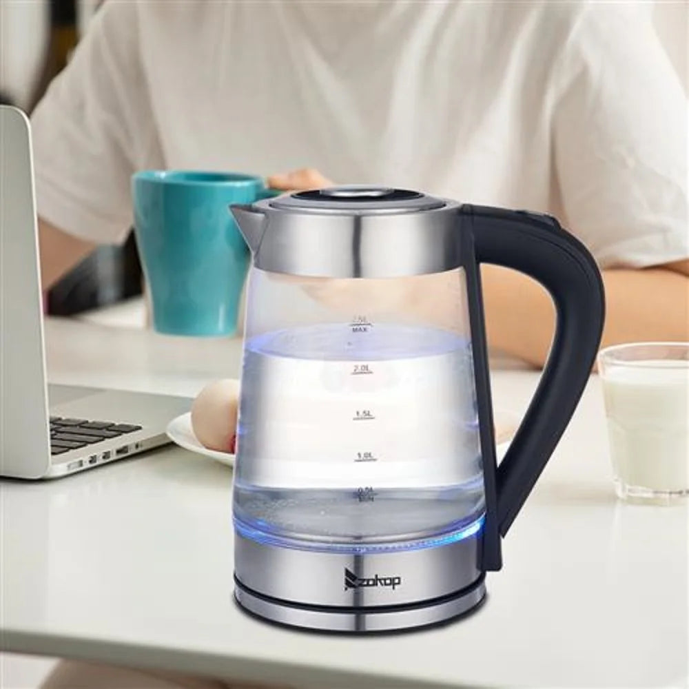 HD 250 110V 1200W 2.5L Electric Kettle with Blue Glass Stainless Steel 360 Rotation Base Auto Shut Off Blue LED US Plug