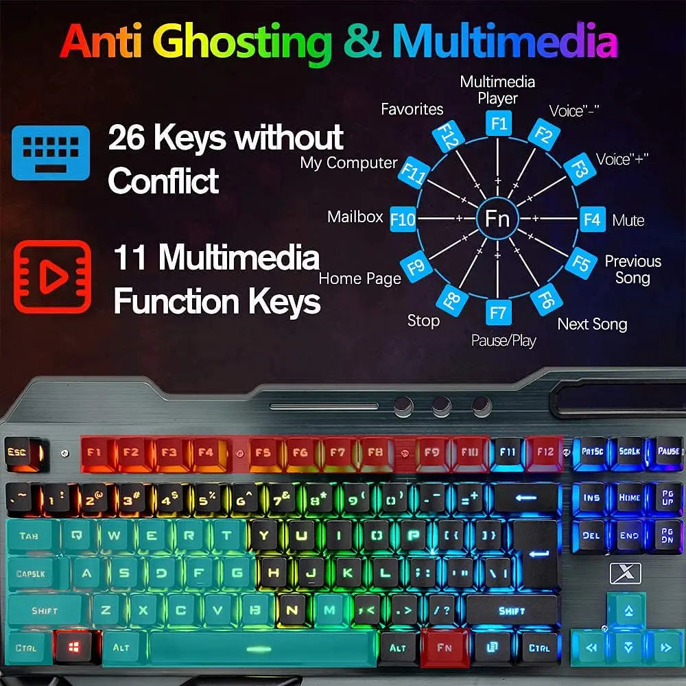 K680 Wireless Gaming Keyboard and Mouse Combo,Rainbow LED Backlit Keyboard with Rechargeable 3800mAh Battery Metal Panel