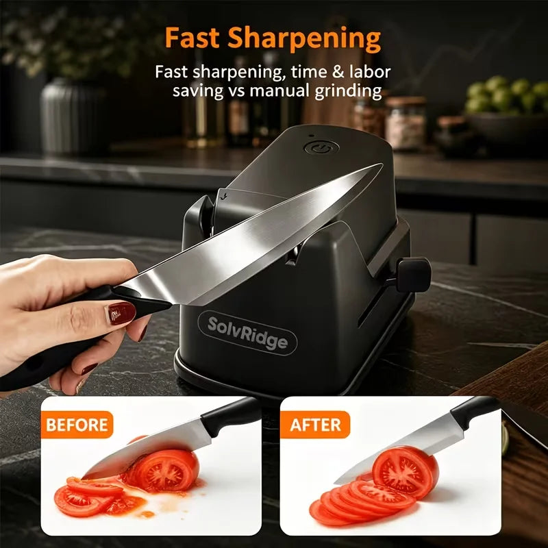 Solvridge 3-In-1 USB Rechargeable Electric Knife Sharpener, One Touch Automatic Blade Sharpener with Suction Cup, Portable Sharpener for Kitchen Knives, Fruit Knives, Scissors, Outdoor Use, Black