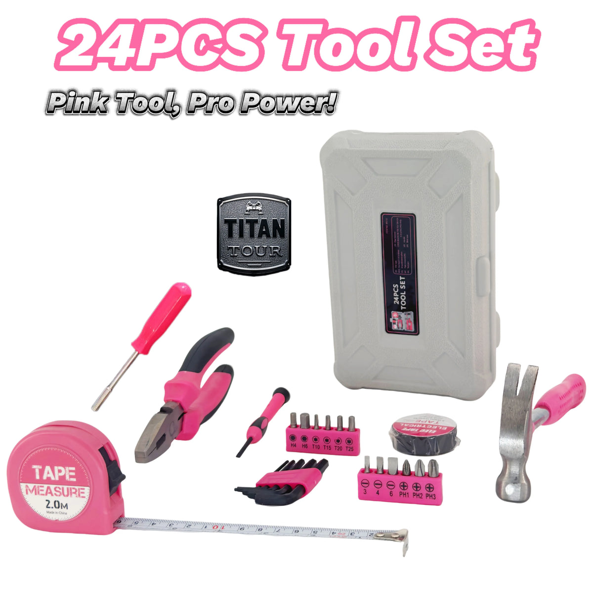 Pink Tool Set New Year Gift | 24-Piece CR-V Alloy Steel Car Repair Tool Kit | Includes Professional Wrenches/Pliers/Screwdrivers