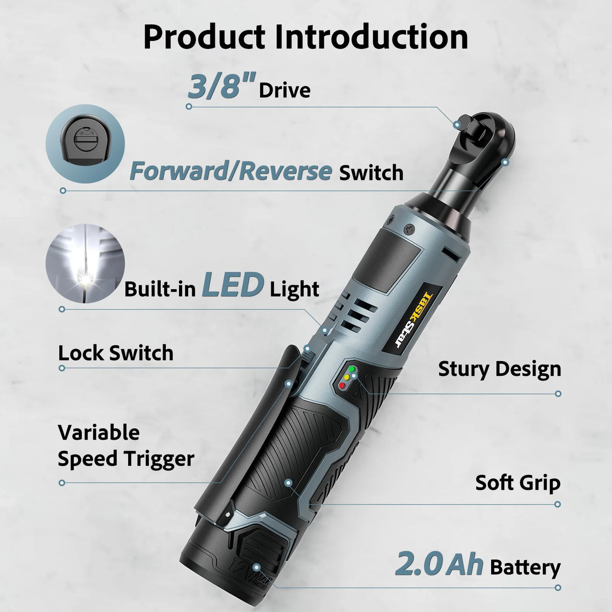 Taskstar 12V Electric Ratchet Wrench Set 3/8 Inch Cordless Power Tool for Car Repair Handheld Disassembly Tool Wrench Kit with 2 2000mAh Batteries & 7 Sockets