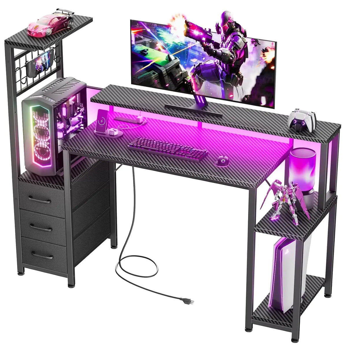 Gaming Desk 48" with Power Outlet & LED, Carbon Fiber Black Finish, Customized
