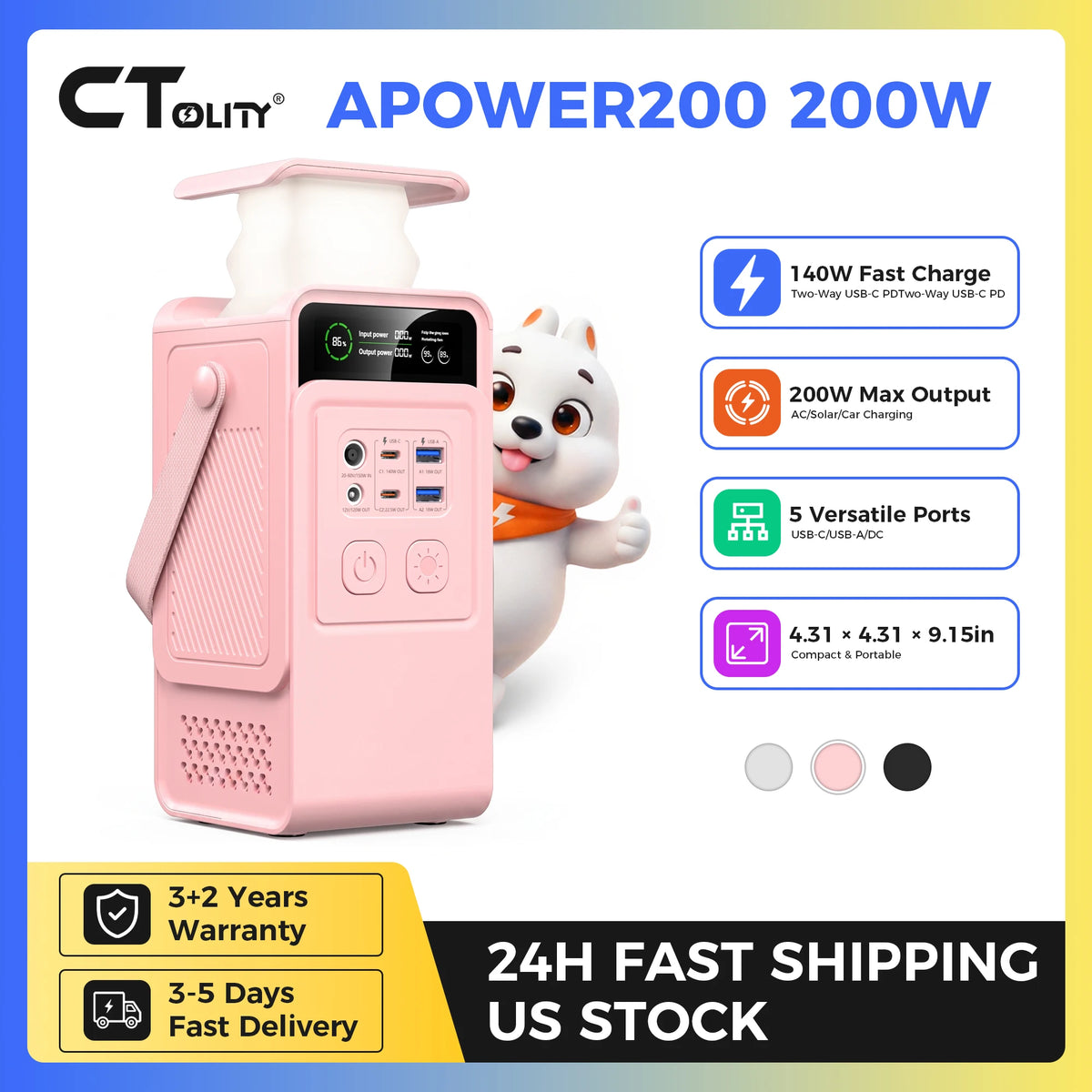 CTOLITY AP200 200W 192Wh Power Bank, AP400 500W Portable Power Station-345.6Wh LiFePo4 Battery AC Charging Station Camping Equipment