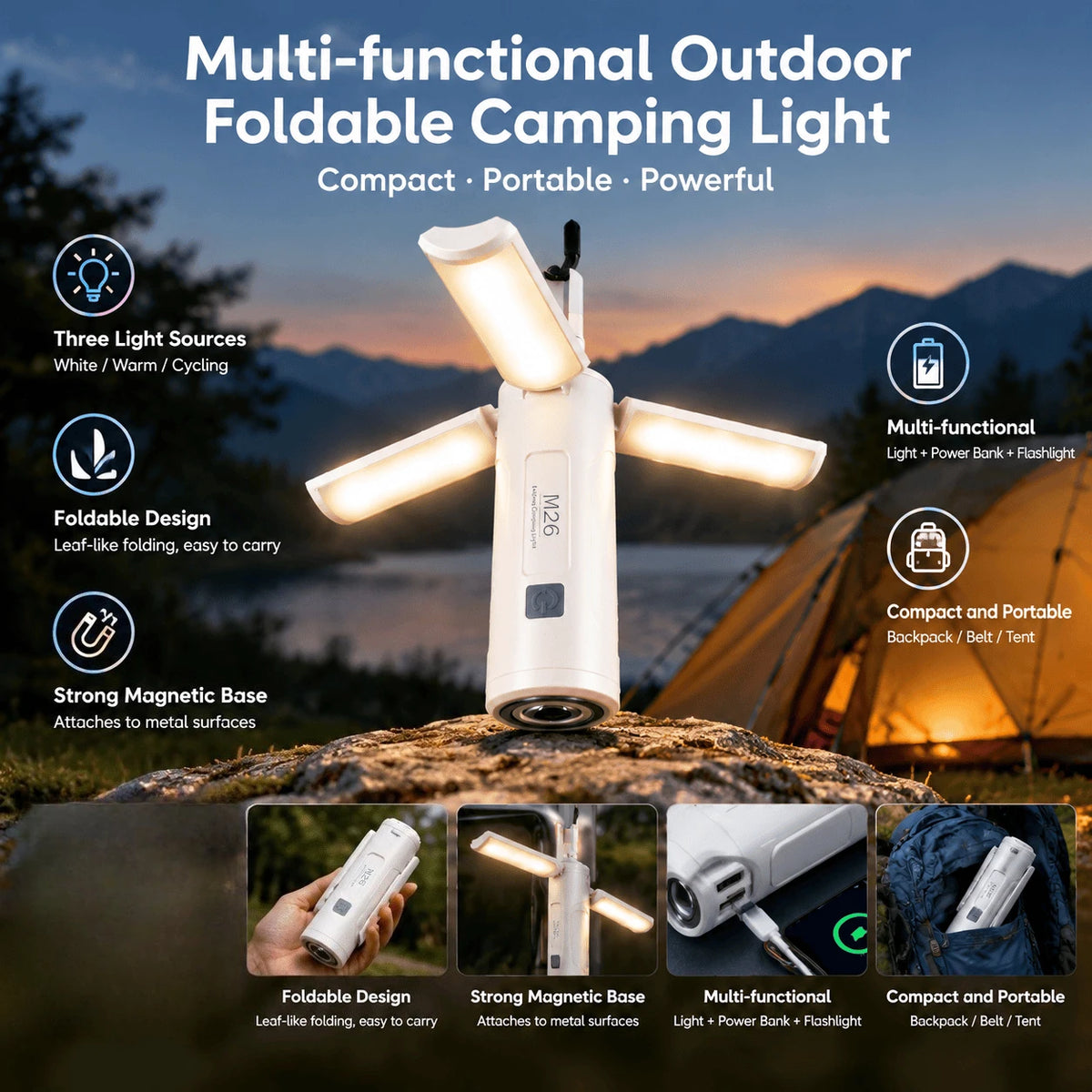 USB Rechargeable LED Folding Flashlight with Magnetic Base and Phone Charging Function, Portable 2-in-1 Camping Work Light for Hiking, Repair, Emergency Use, Travel, Garage, Vehicle Maintenance and Outdoor Activities, Compact