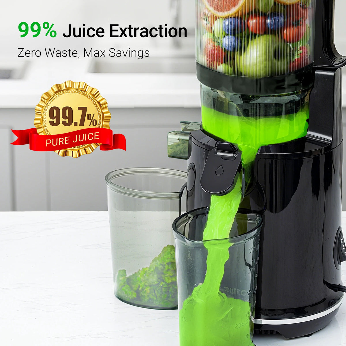 5.3" Large Feed Chute Slow Juicer 1.7L Capacity Cold Press Masticating Juicer with Reverse Function Whole Fruits and Vegetables