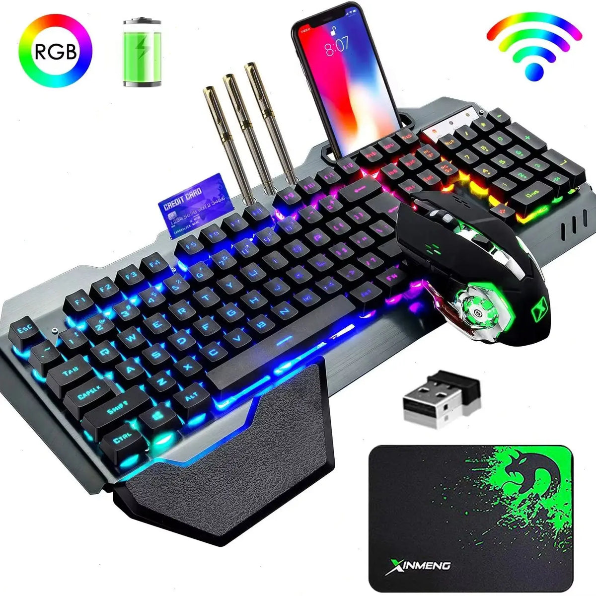 K680 Wireless Gaming Keyboard and Mouse Combo,Rainbow LED Backlit Keyboard with Rechargeable 3800mAh Battery Metal Panel