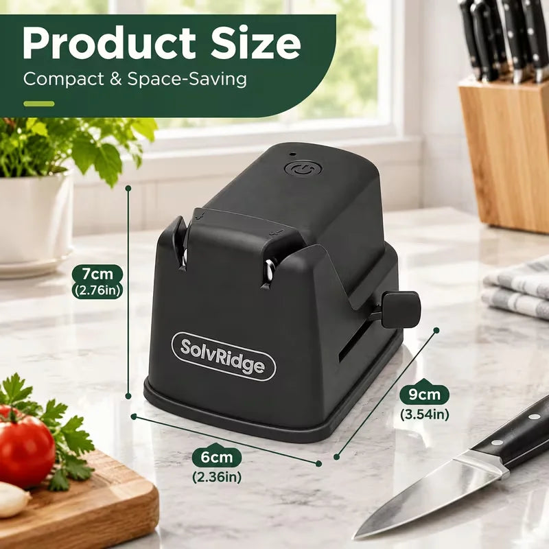 Solvridge 3-In-1 USB Rechargeable Electric Knife Sharpener, One Touch Automatic Blade Sharpener with Suction Cup, Portable Sharpener for Kitchen Knives, Fruit Knives, Scissors, Outdoor Use, Black