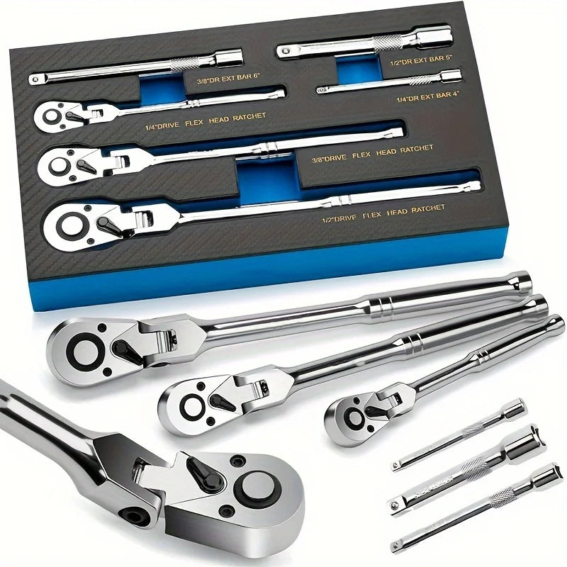 Set Of 6pcs Of Ratchet Wrench Set, With 2-tooth Ratchet 1/ 4 Inch, 3/ 8 Inch, 1/ 2 Inch, Rotating Head Ratchet Wrench With Extension Bar, Made Of High-quality Stainless Steel, Chrome-plated Surface Treatment, With EVA Foam St