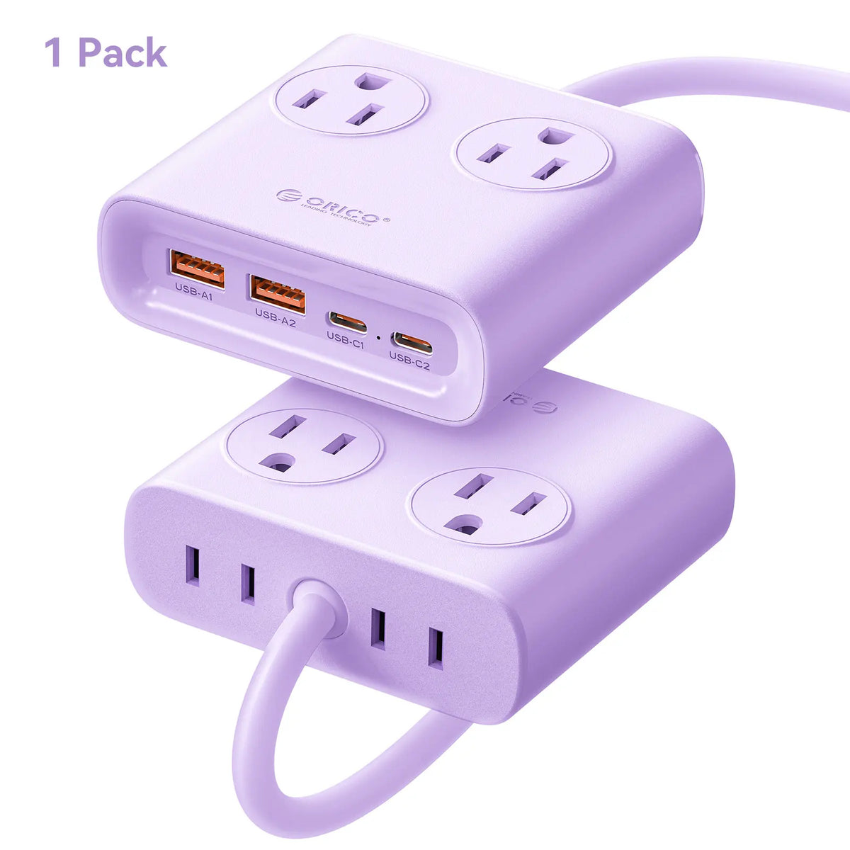 ORICO Power Brick Max 25W GaN Power Strip 8-in-1 Desktop Charging Station with 4 AC Outlets 2 USB-C 2 USB-A 5ft Extension Cord 45° Ultra Thin Flat Plug for Travel Office Home
