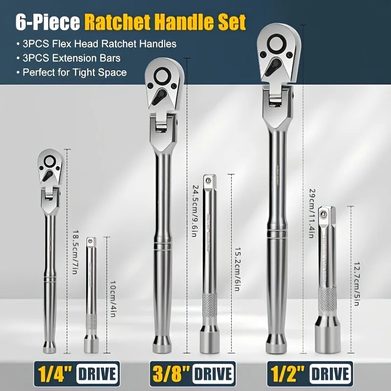 Set Of 6pcs Of Ratchet Wrench Set, With 2-tooth Ratchet 1/ 4 Inch, 3/ 8 Inch, 1/ 2 Inch, Rotating Head Ratchet Wrench With Extension Bar, Made Of High-quality Stainless Steel, Chrome-plated Surface Treatment, With EVA Foam St