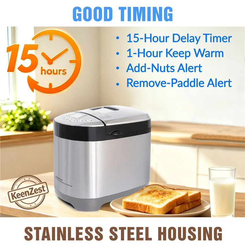 KeenZest 27-in-1 Smart Bread Maker with Gluten Free Setting 2LB Whole Wheat Bread Machine with Homemade Cycle Recipes Included