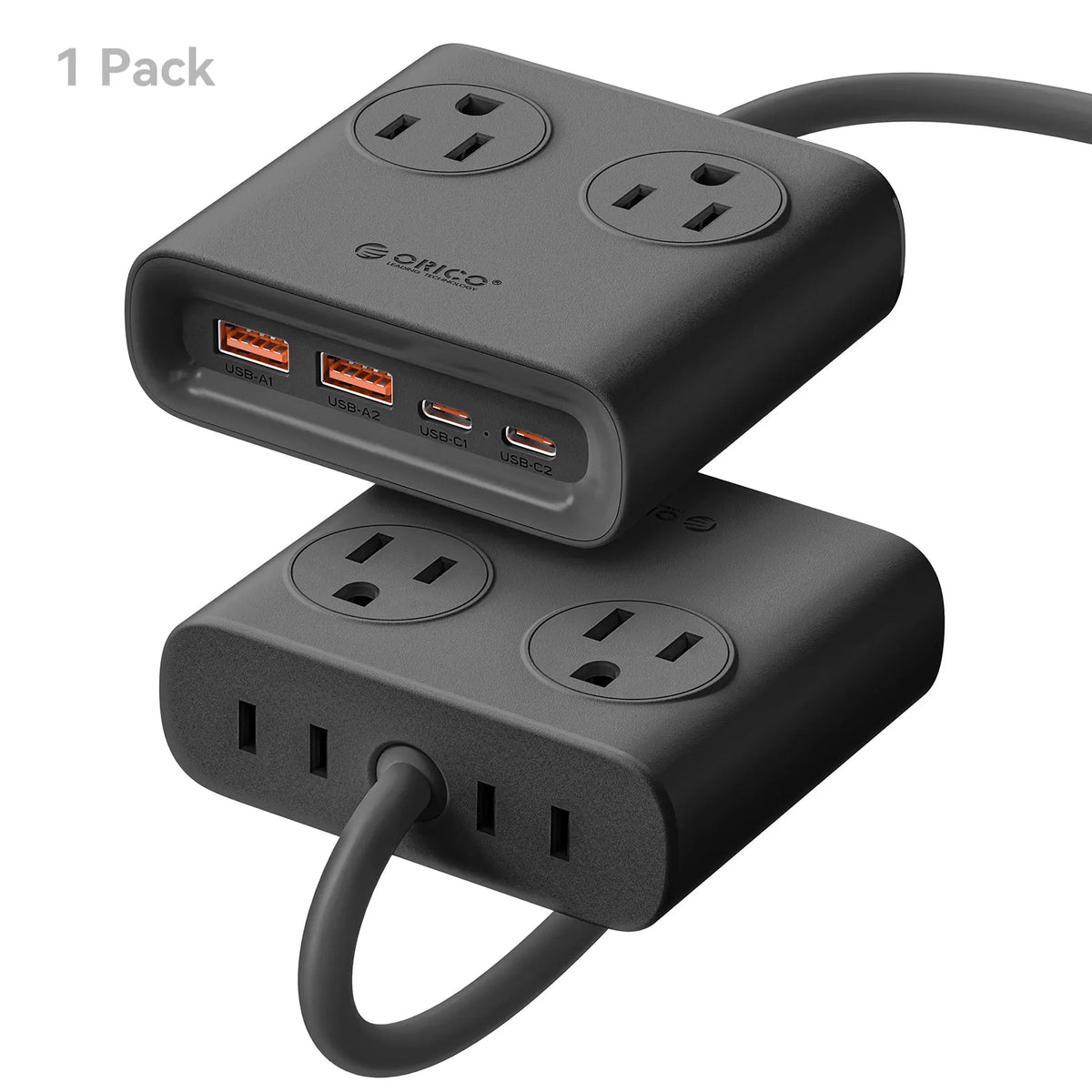 ORICO Power Brick Max 25W GaN Power Strip 8-in-1 Desktop Charging Station with 4 AC Outlets 2 USB-C 2 USB-A 5ft Extension Cord 45° Ultra Thin Flat Plug for Travel Office Home