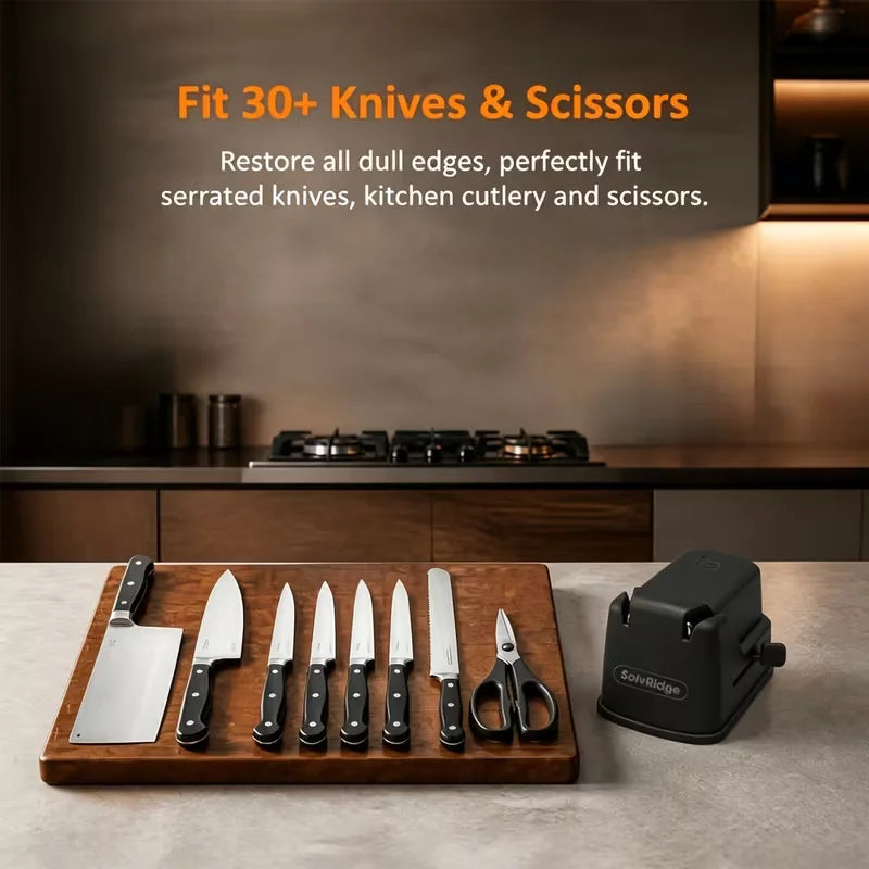 Solvridge 3-In-1 USB Rechargeable Electric Knife Sharpener, One Touch Automatic Blade Sharpener with Suction Cup, Portable Sharpener for Kitchen Knives, Fruit Knives, Scissors, Outdoor Use, Black