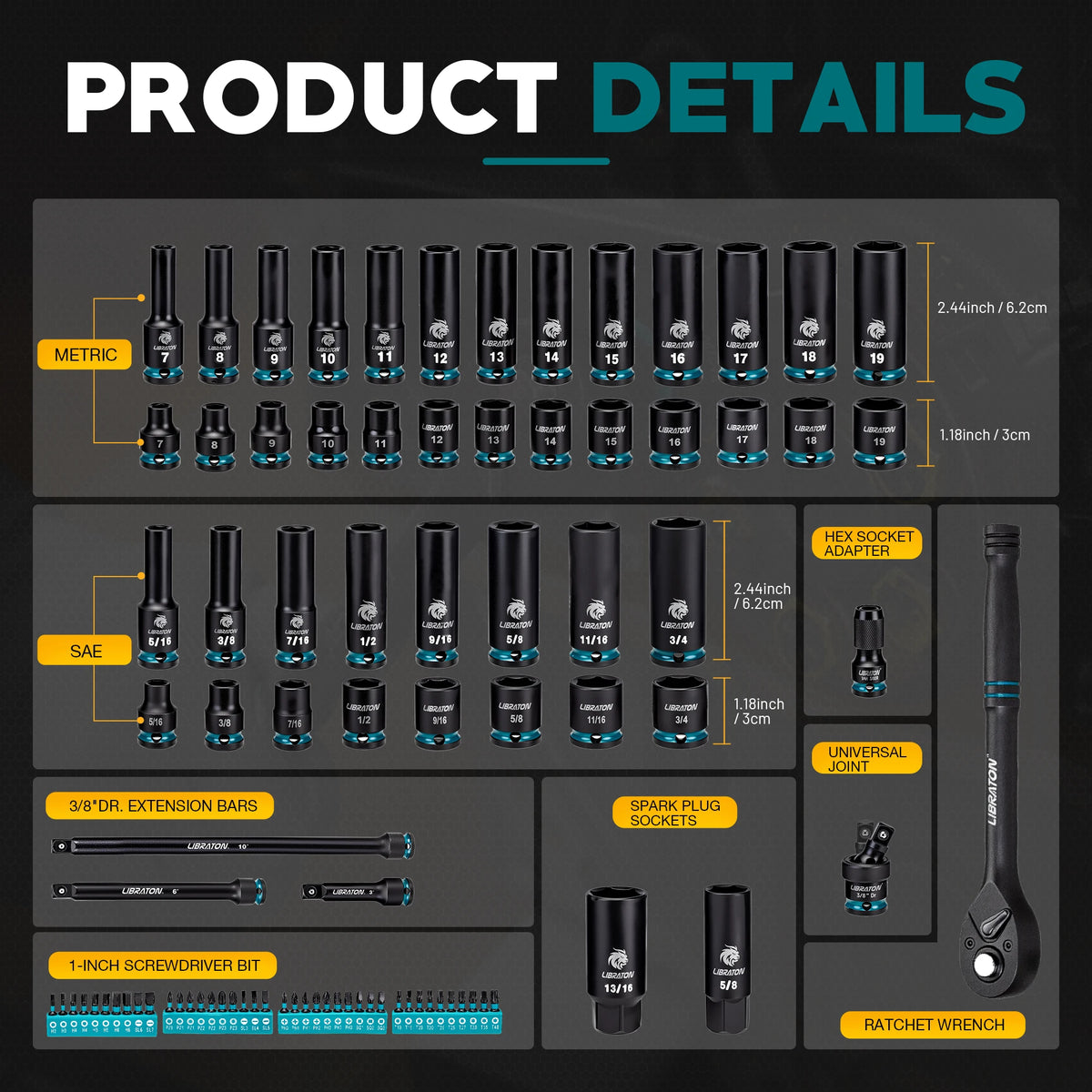 90PCS Socket Set, 3/8" Drive Ratchet Wrench with Impact Socket Set, Cr-V Impact Driver Socket Auto Repair Tool Kits