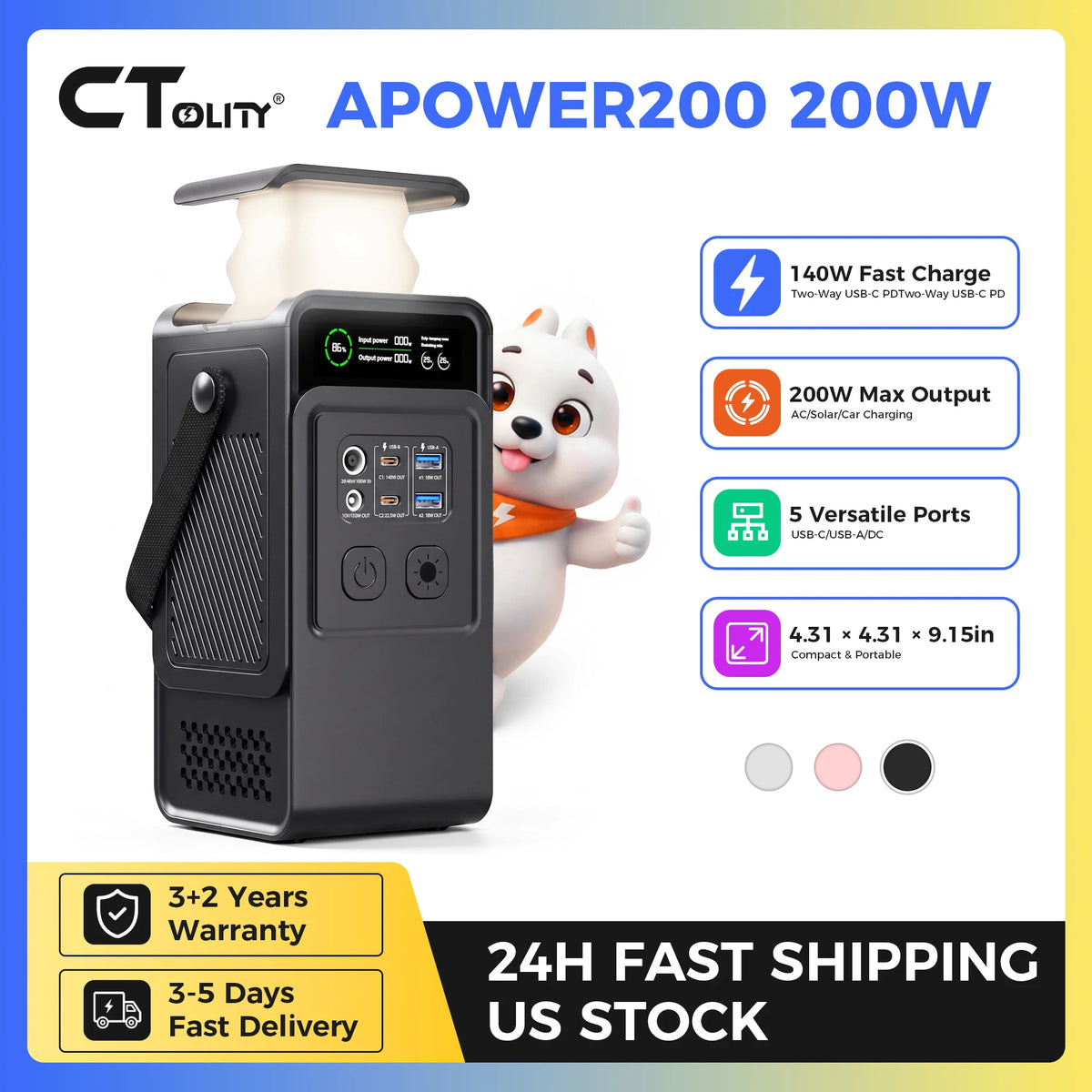 CTOLITY AP200 200W 192Wh Power Bank, AP400 500W Portable Power Station-345.6Wh LiFePo4 Battery AC Charging Station Camping Equipment