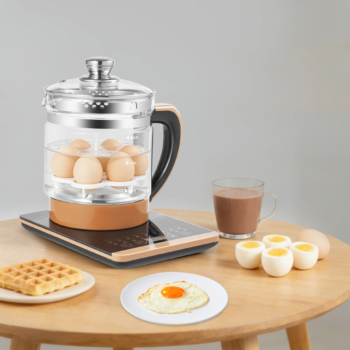 1.8L Electric Glass Kettle Electric Kettle HealthCare Pot Black With Filter And Egg Steamer Rack 18 Cooking Functions Multifunctional Tea Maker Hot Water Boiler For Tea Milk Coffee Pasta Hotpot Soup US Standard 3 Way Tea Infu