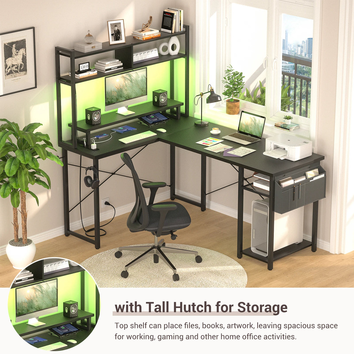 Aheaplus Small L‑Shaped Gaming Desk with LED Lights & Power Outlets, Reversible Corner Computer Desk with Monitor Stand & Storage Shelf, Home Office Desk with Storage Bag & Headphone Hook – Black