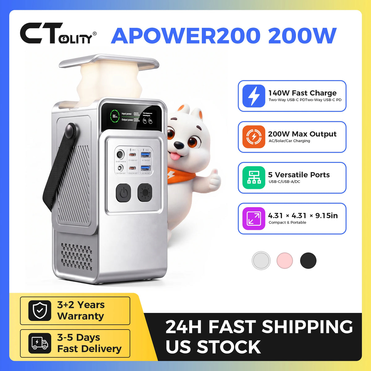 CTOLITY AP200 200W 192Wh Power Bank, AP400 500W Portable Power Station-345.6Wh LiFePo4 Battery AC Charging Station Camping Equipment
