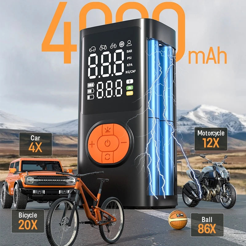 3-in-1 Portable Air Compressor & Tire Inflator, 150 PSI, Emergency Power Bank & LED Light, USB-C Rechargeable, Suitable for Car,
