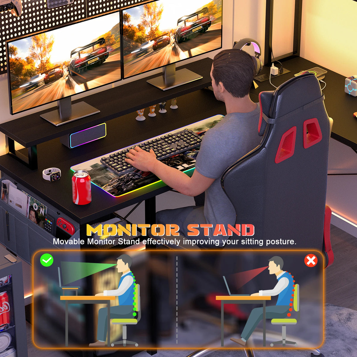 Aheaplus Small L‑Shaped Gaming Desk with LED Lights & Power Outlets, Reversible Corner Computer Desk with Monitor Stand & Storage Shelf, Home Office Desk with Storage Bag & Headphone Hook – Black