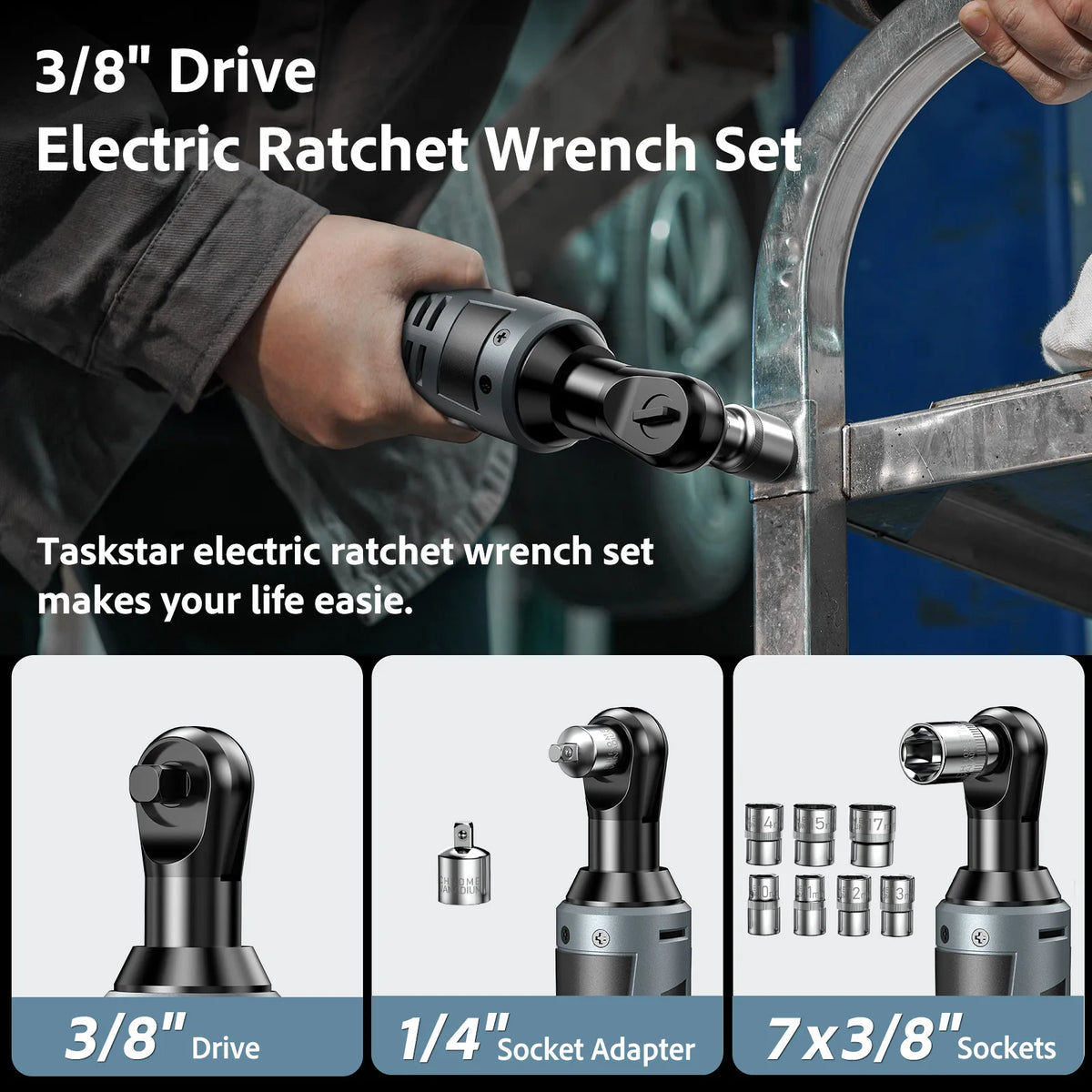 Taskstar 12V Electric Ratchet Wrench Set 3/8 Inch Cordless Power Tool for Car Repair Handheld Disassembly Tool Wrench Kit with 2 2000mAh Batteries & 7 Sockets