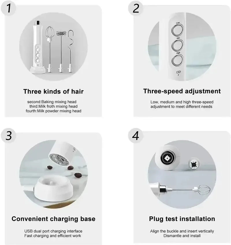 Wireless Rechargeable Electric Milk Frother - 3 Speeds, Handheld Foam Maker for Latte Cappuccino Hot Chocolate USB Rechargeable