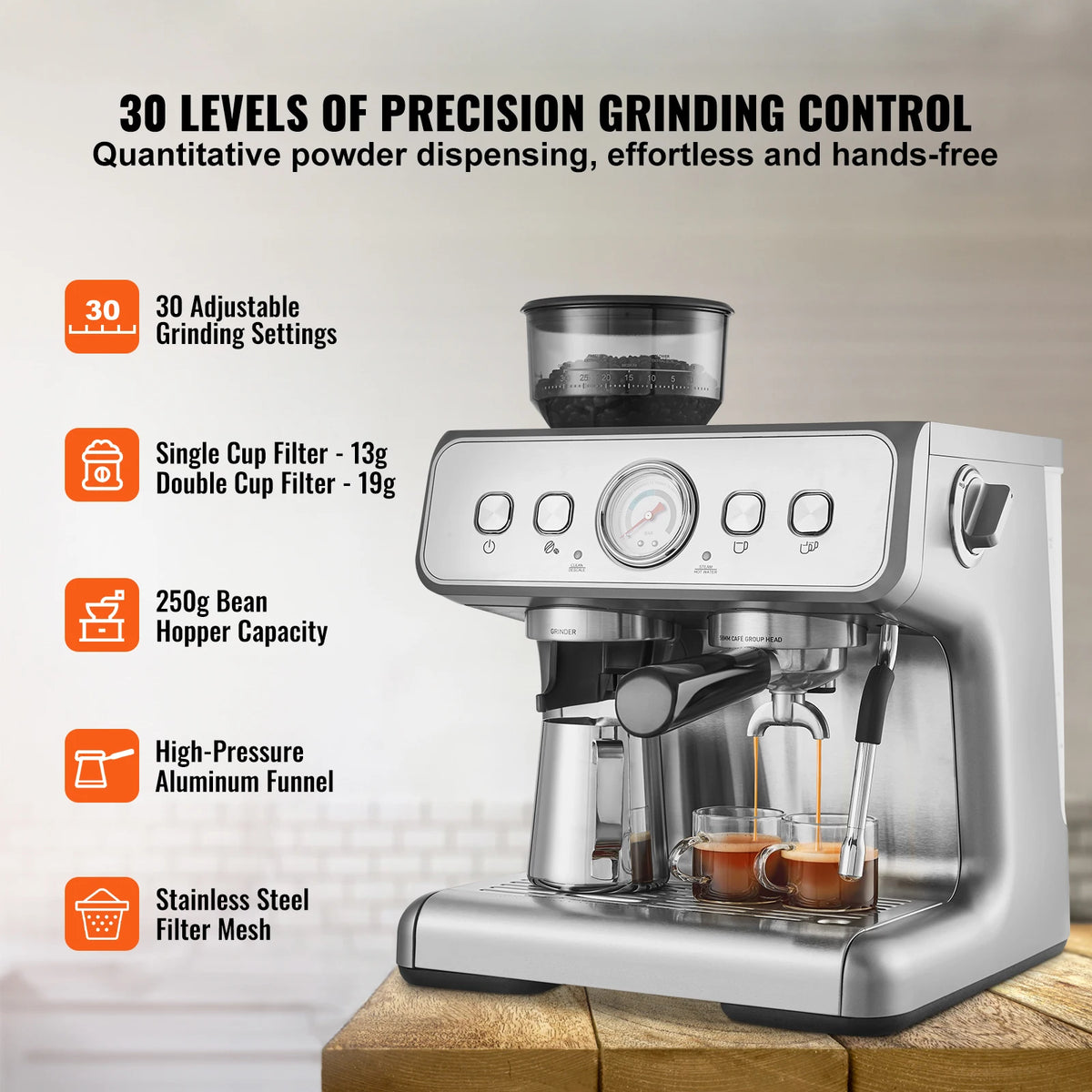 SucceBuy Espresso Machine with Grinder 15 Bar Semi-Automatic Espresso Coffee Maker with Milk Frother Steam Wand