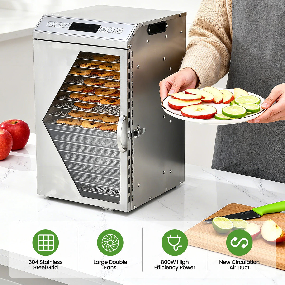 800W Commercial Food Dehydrator with 18 Trays, Stainless Steel Electric Fruit Dryer Machine with Touch Panel & Dual-Fan Even Drying, 194°F Max Temp 24H Timer for Jerky Meat Vegetables Herbs and Dog Treats