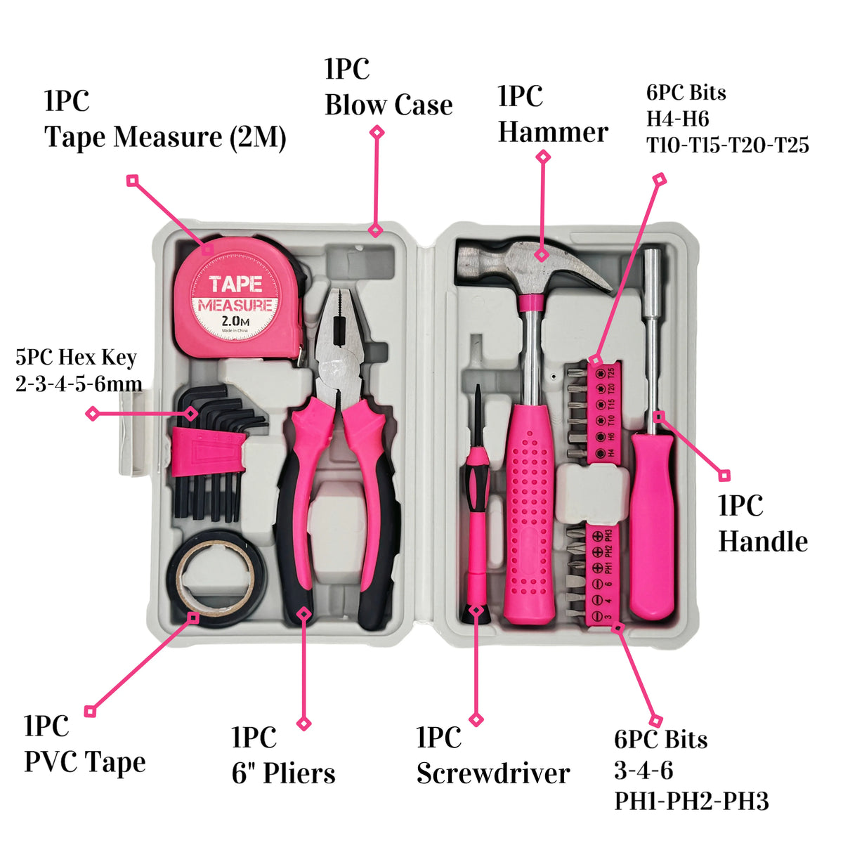 Pink Tool Set New Year Gift | 24-Piece CR-V Alloy Steel Car Repair Tool Kit | Includes Professional Wrenches/Pliers/Screwdrivers