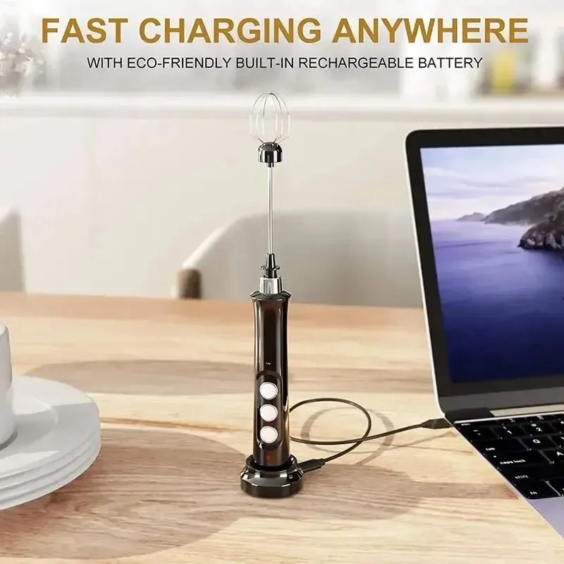 Wireless Rechargeable Electric Milk Frother - 3 Speeds, Handheld Foam Maker for Latte Cappuccino Hot Chocolate USB Rechargeable