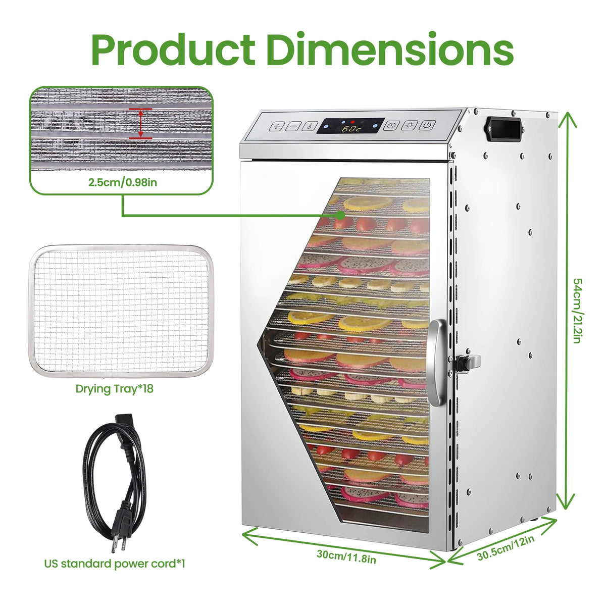 800W Commercial Food Dehydrator with 18 Trays, Stainless Steel Electric Fruit Dryer Machine with Touch Panel & Dual-Fan Even Drying, 194°F Max Temp 24H Timer for Jerky Meat Vegetables Herbs and Dog Treats