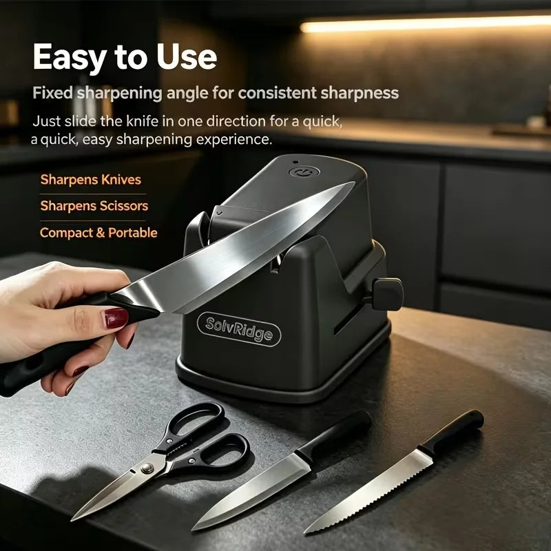 Solvridge 3-In-1 USB Rechargeable Electric Knife Sharpener, One Touch Automatic Blade Sharpener with Suction Cup, Portable Sharpener for Kitchen Knives, Fruit Knives, Scissors, Outdoor Use, Black