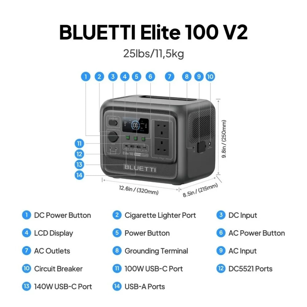 BLUETTI Elite 100 V2 Portable Power Station 1800W 1024Wh Solar Generator for Outdoor Camping Emergency Backup