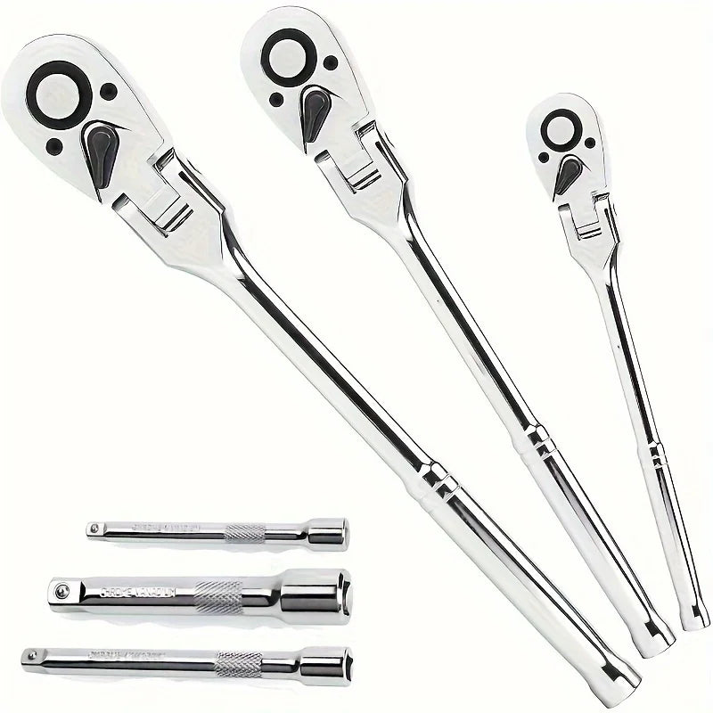 Set Of 6pcs Of Ratchet Wrench Set, With 2-tooth Ratchet 1/ 4 Inch, 3/ 8 Inch, 1/ 2 Inch, Rotating Head Ratchet Wrench With Extension Bar, Made Of High-quality Stainless Steel, Chrome-plated Surface Treatment, With EVA Foam St