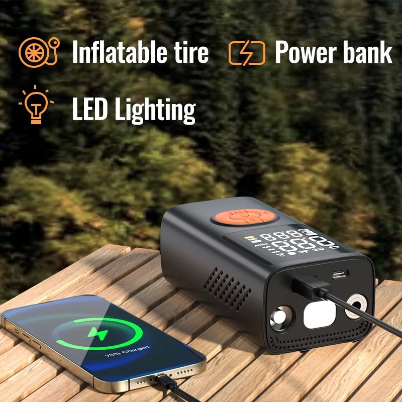 3-in-1 Portable Air Compressor & Tire Inflator, 150 PSI, Emergency Power Bank & LED Light, USB-C Rechargeable, Suitable for Car,