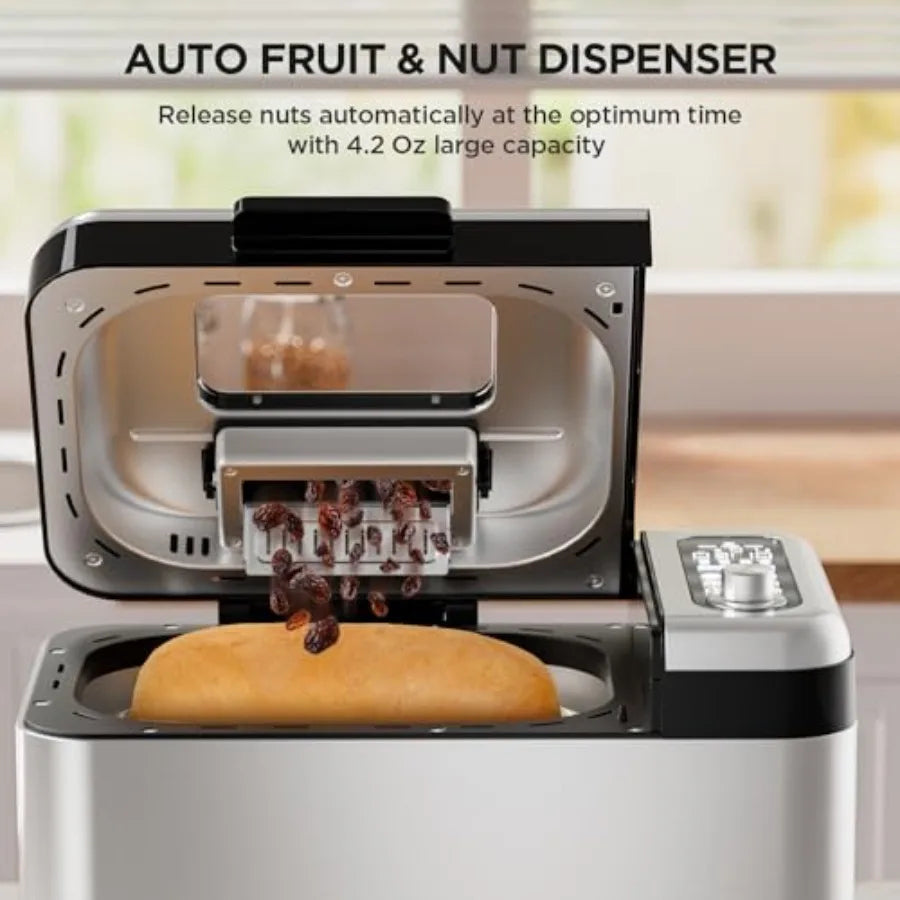 Bread Maker for Home Kitchen Use, Stainless Steel, Silver, 3.3LB Capacity with Dual Heaters and Auto Nut Dispenser