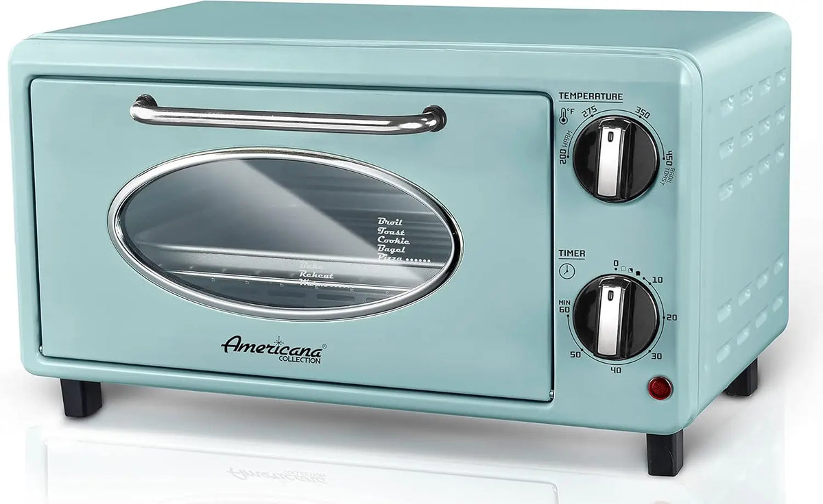 Retro Mint 2-Slice Countertop Toaster Oven with Bake and Toast Functions, Fits 8-Inch Pizza, Temperature Control, Adjustable 60-