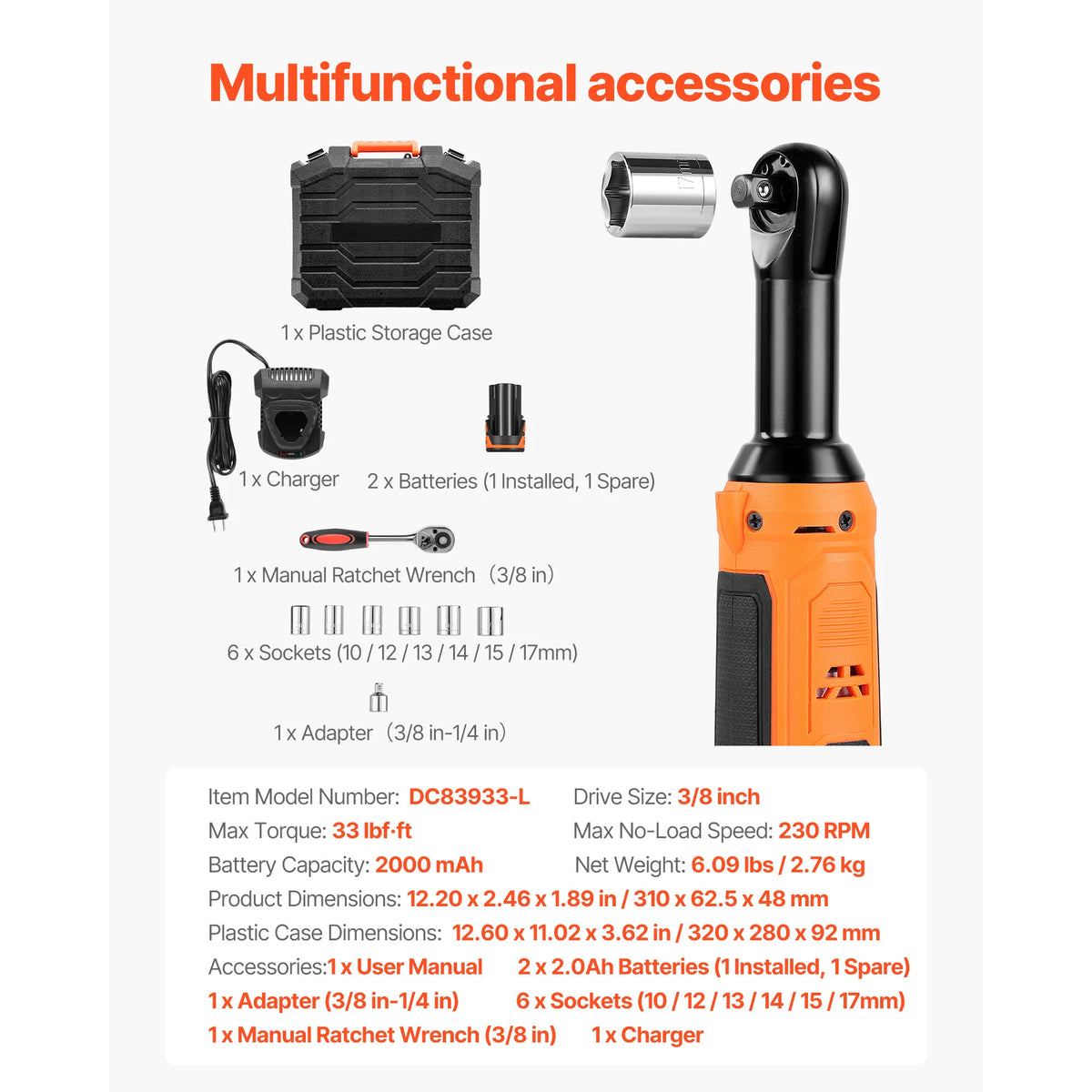 SucceBuy Cordless Ratchet Wrench Battery Powered Electric Wrench Set with Batteries Charger Sockets Adaptor and Carrying Case