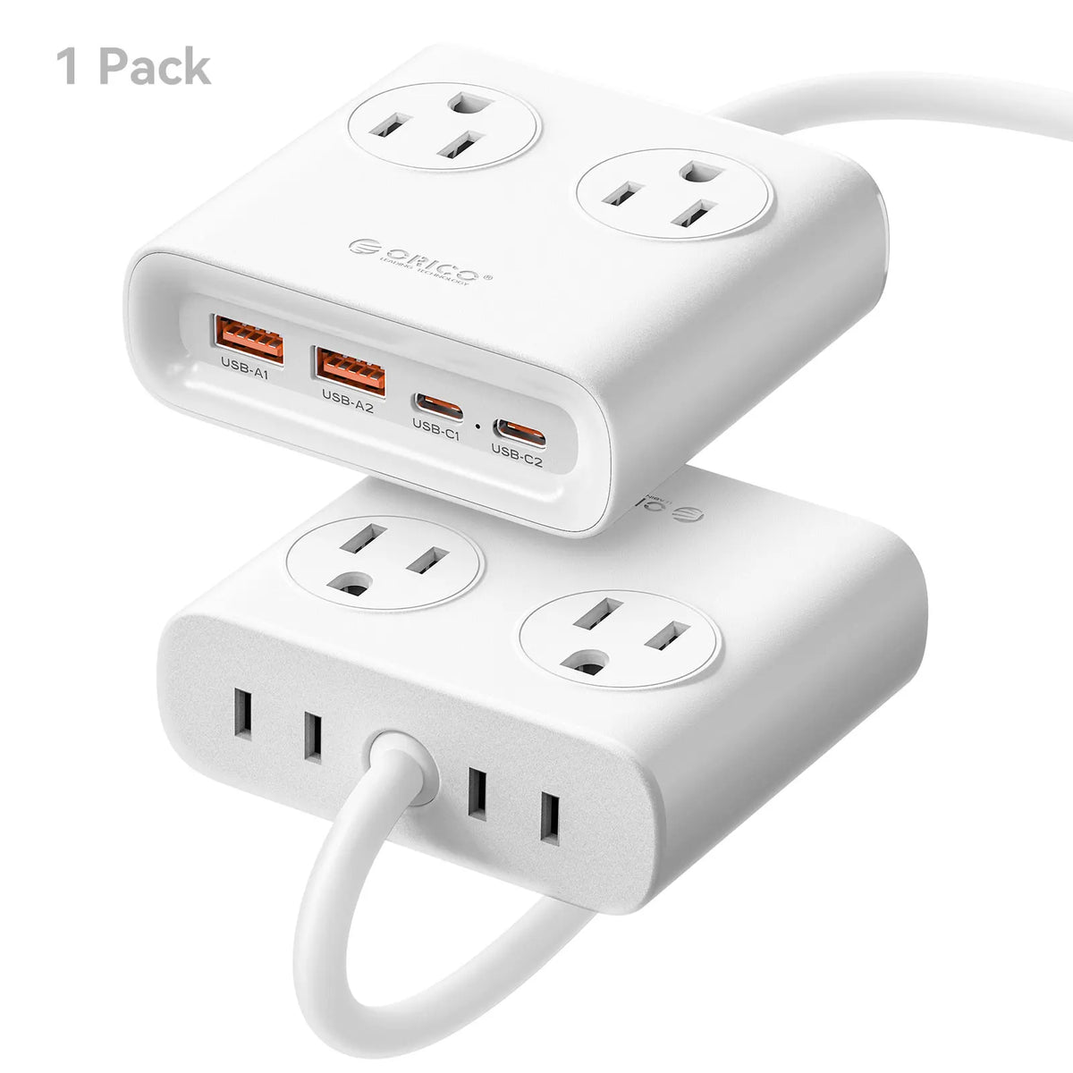 ORICO Power Brick Max 25W GaN Power Strip 8-in-1 Desktop Charging Station with 4 AC Outlets 2 USB-C 2 USB-A 5ft Extension Cord 45° Ultra Thin Flat Plug for Travel Office Home
