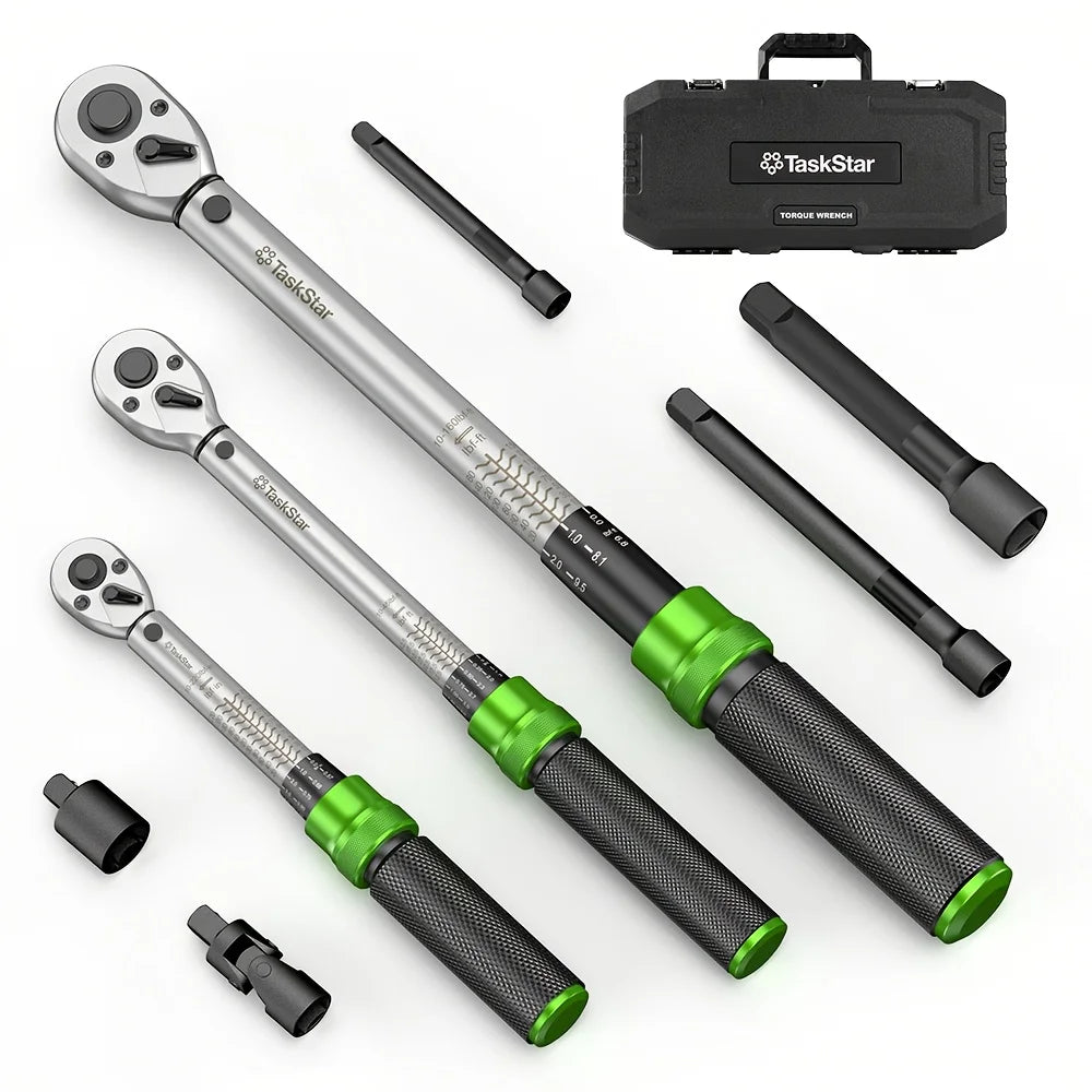 TaskStar 1/4"&3/8"&1/2" Drive Click Torque Wrench Kit 8pcs ±3% Accuracy 72 Tooth Dual Scale Ratchet Wrench for Bike/Moto Repair