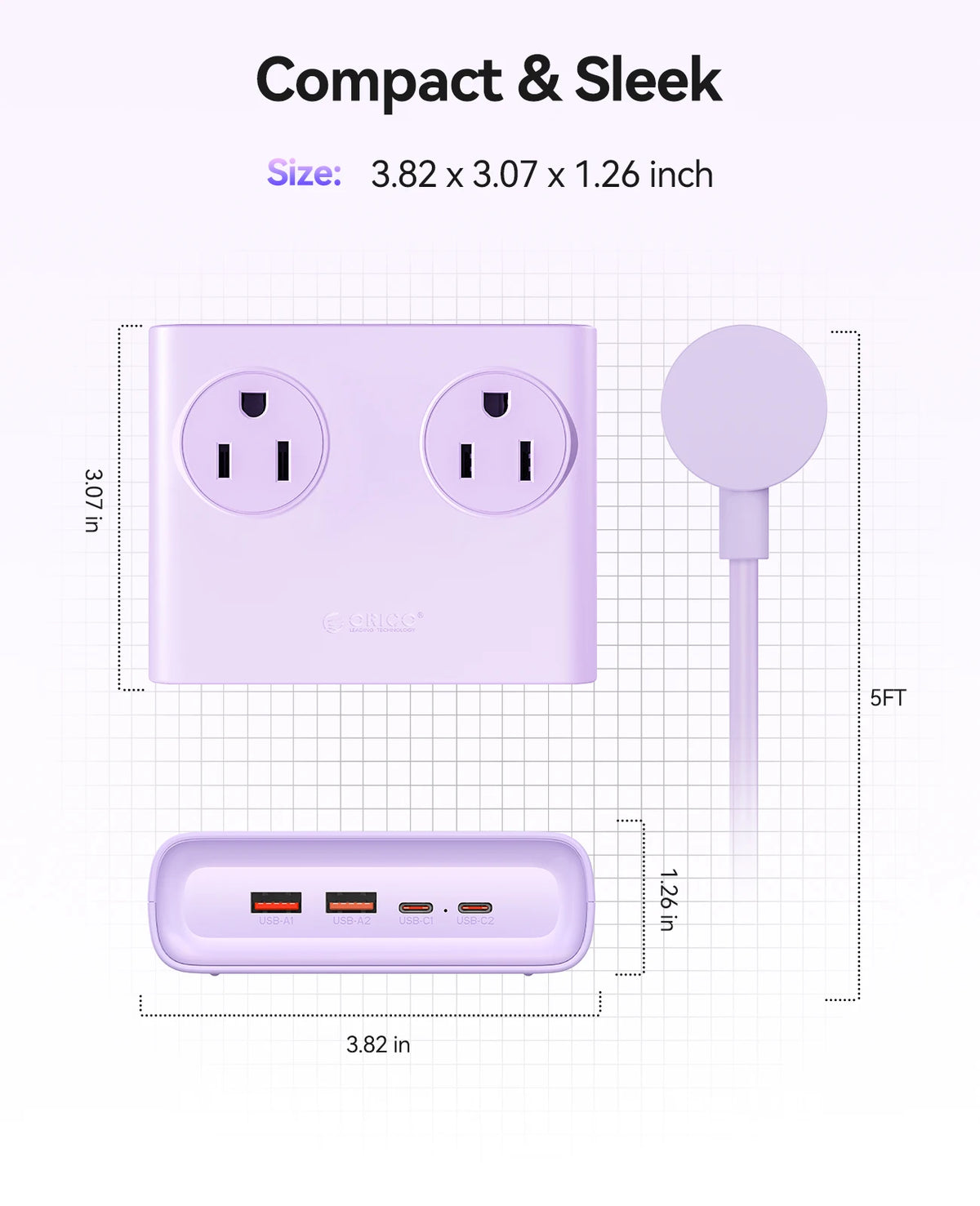 ORICO Power Brick Max 25W GaN Power Strip 8-in-1 Desktop Charging Station with 4 AC Outlets 2 USB-C 2 USB-A 5ft Extension Cord 45° Ultra Thin Flat Plug for Travel Office Home