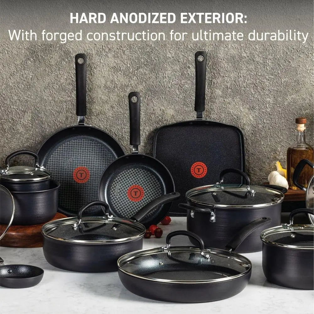 T-Fal Ultimate Hard Anodized Nonstick Cookware Set 17 Piece, Nonstick Pots and Pans Set with Fry Pan, Saucepans, Saute-Pan, Grid