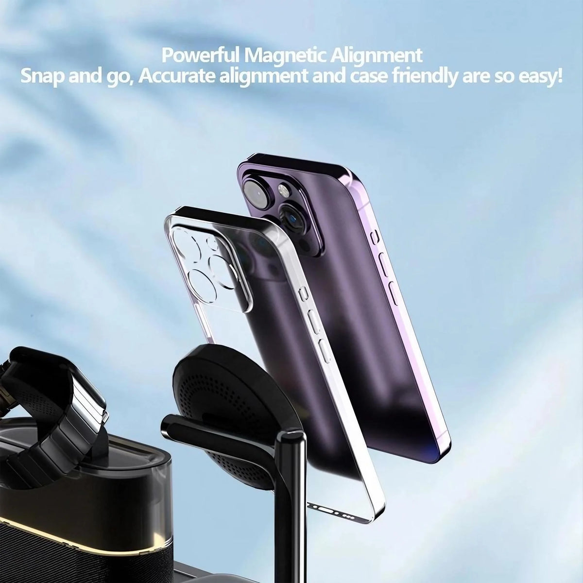 Wireless Charging Station 3 In 1 Magnetic Charger 15W Fast Charging Stand Dock For iPhone 15 14 13 12 Pro Max Mini Apple Watch Series 9 8 7 6 5 4 3 2 SE AirPods Pro 2 With RGB Night Light Alarm Clock Foldable Portable Travel